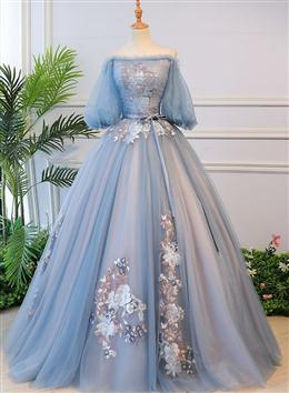 Picture of Pretty Blue Tulle Off Shoulder with Lace Floral Long Party Dresses, Cute Party Dresses Prom Dresses